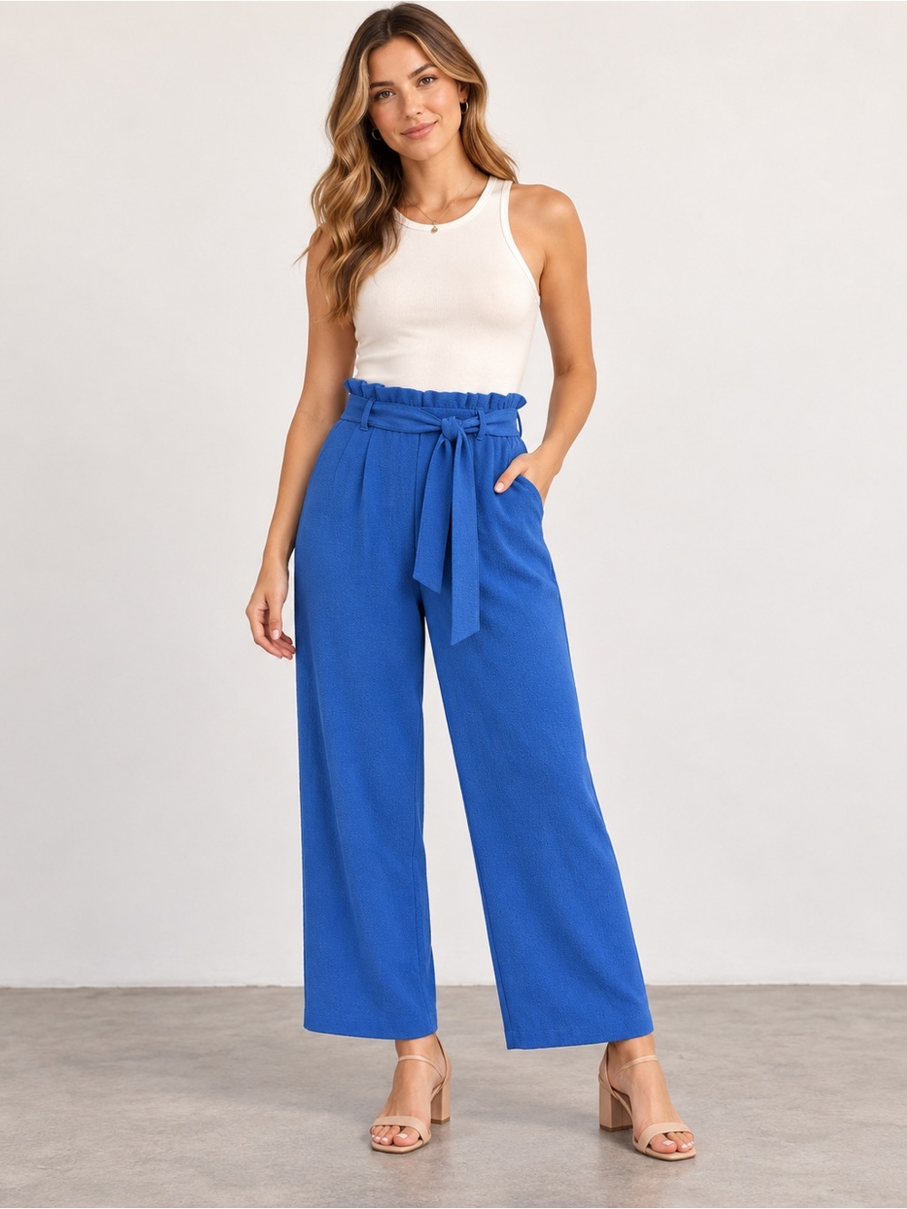 june & hudson Cobalt Blue Wide Leg Paperbag Waist Tie Pants